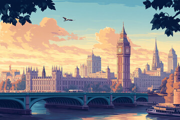 Obraz premium Illustration of london cityscape with big ben and tower bridge, victorian architectural details.