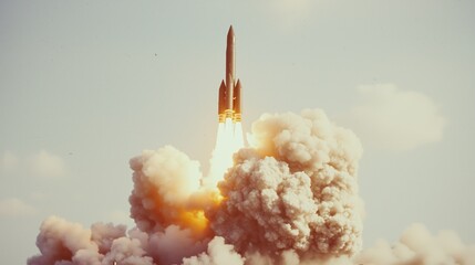 Rocket Launch with Fiery Exhaust and Billowing Smoke