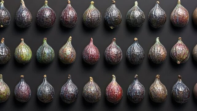 Thirty ripe figs are meticulously arranged in three rows of ten