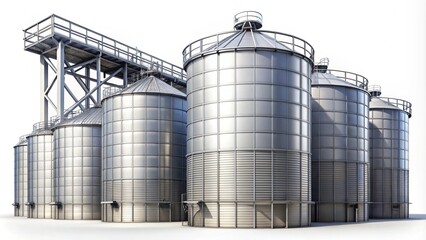 Large storage tanks and silos, isolated on white background
