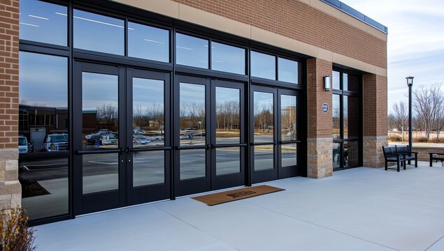 Black Windows and Aluminum Slats on Office Building Exterior