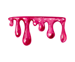 Pink dripping syrup. Stripe of thick viscous drops of liquid hand drawn watercolor illustration
