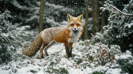 Naklejka premium Red Fox in Snowy Forest with Dense Evergreen Trees