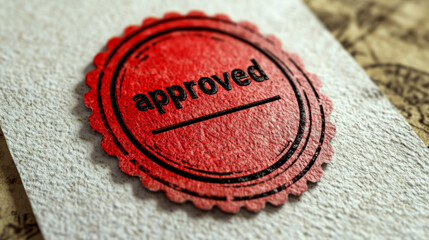 Red stamp with the word "approved" lies on a textured paper surface. Concept of confirmation and validation. For illustrating approval processes