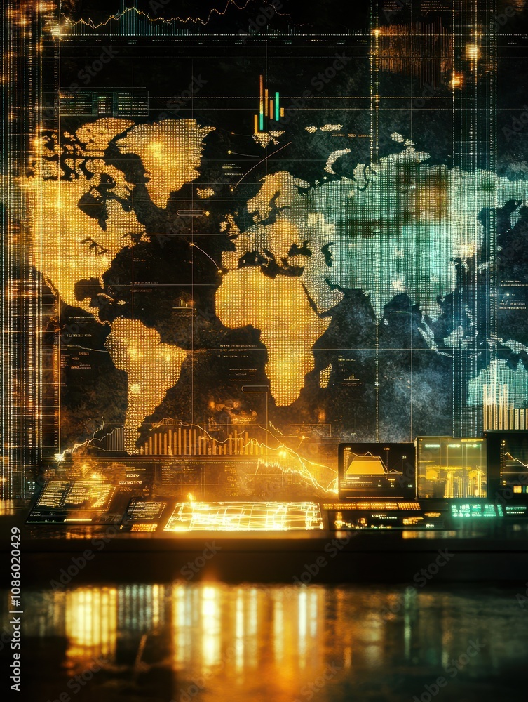 Poster trading market concept with financial graphs, glowing lines and diagram on digital screen at world m