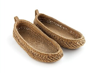 Pair of woven straw loafers on white background.