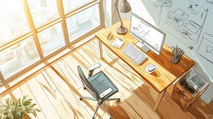 Top view of hand drawing modern hipster coworking office interior with sunlight, city view, wooden, flooring, furniture, equipment and bike. Workplace design and blueprint concept