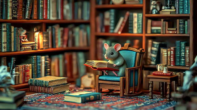 A tiny mouse enjoys reading a miniature book while sitting in a cozy home library on a quiet evening