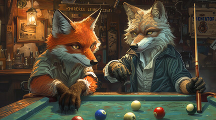 The fox and the wolf are playing pool. AI Generated