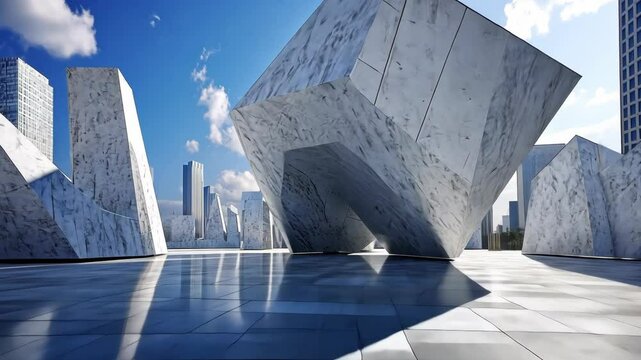 A plaza features large, angular marble structures