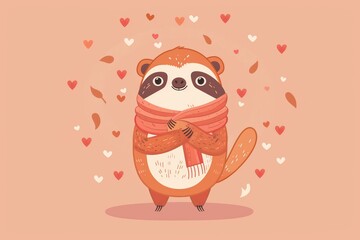 Cute sloth wrapped in scarf surrounded by hearts and leaves