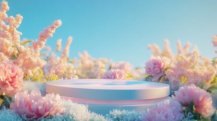 Modern aesthetic peony bloom floral podium abstract scene. Empty stage minimalistic boho design background. Stand product showcase.