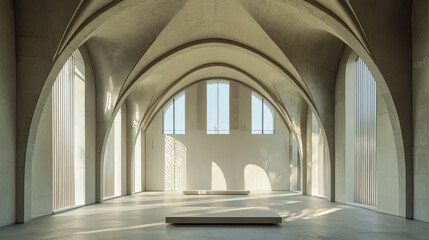 A minimalist museum interior featuring tall arches and large windows, showcasing natural light and a serene atmosphere