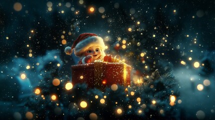 Fototapeta premium santa claus elf looks out from behind a christmas present, bight light, bohek - Generative AI