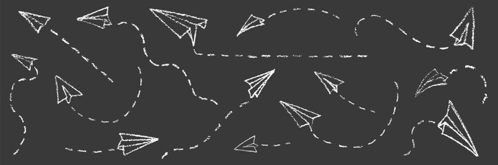 Hand drawing crayon paper airplanes set. Vector stock illustration isolated on black chalkboard background for design template business or education presentation, information banner, advertising sign.