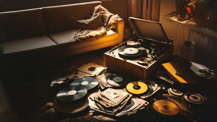 Vinyl record player in a room with many copies out of place on the floor