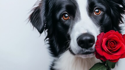 Fototapeta premium Cute pet in love with rose flower. Adorable domestic animal Valentine Banner with place for text. Greeting card floral concept design