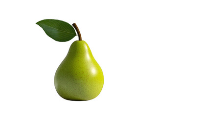 A perfectly shaped green pear with a smooth skin and single leaf, sitting on a pure png background, highly realistic
