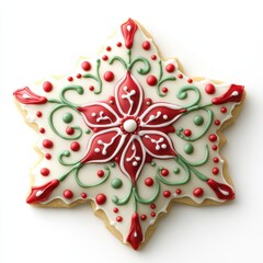 Fototapeta premium A beautiful christmas cookie with red and green icing on white background.AI Generation