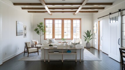 Bright Farmhouse Living Room with Exposed Wooden Beams