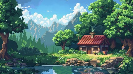 Fototapeta premium Pixel art house surrounded by forest and mountains near a reflective lake. Digital countryside landscape illustration. Generative AI