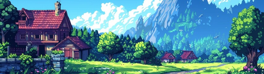 Fototapeta premium Countryside pixel art with a rustic house, trees, mountains, and clear sky. Digital landscape illustration. Generative AI