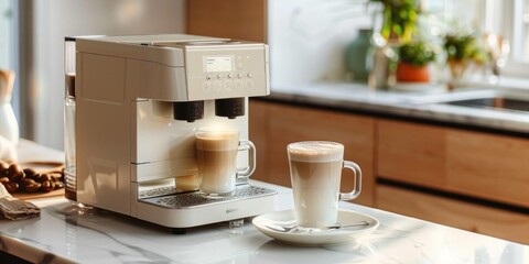 Espresso Machine with Two Latte Macchiatos Ready for Consumption. Coffee Maker in Modern Kitchen. Delicious Beverage