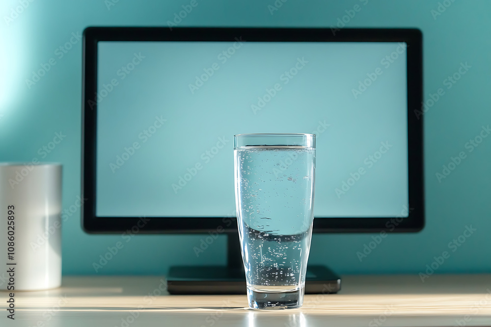 Poster clear glass of water sits on desk in front of monitor, creating refreshing and calm workspace atmosp