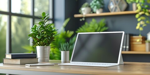 Modern Workspace with Laptop, Plants, and Books