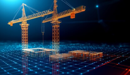 Low-Poly Wireframe Construction Cranes and Building Frames