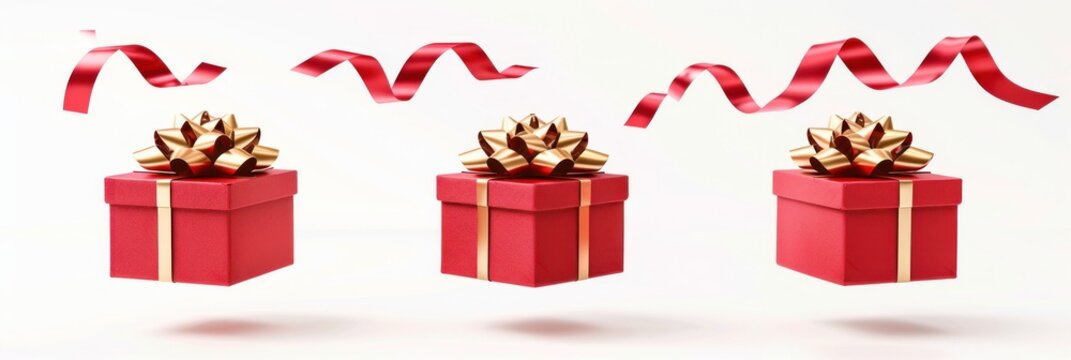 Three red gift boxes with golden bows and flowing red ribbon. Gift box set on white background.