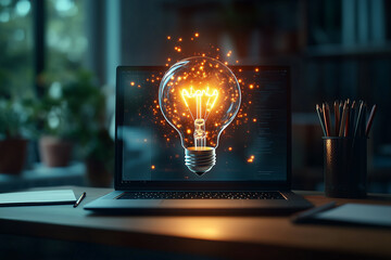 A glowing light bulb suspended over a desk workspace. A digital hologram emerges from a laptop screen, adding a futuristic touch., visualizing a burst of creative idea