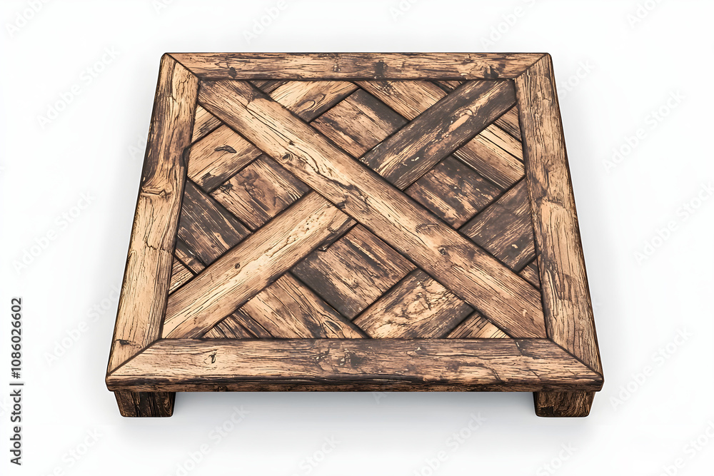 Poster rustic wooden tabletop with intricate herringbone pattern against a clean backdrop, showcasing craft