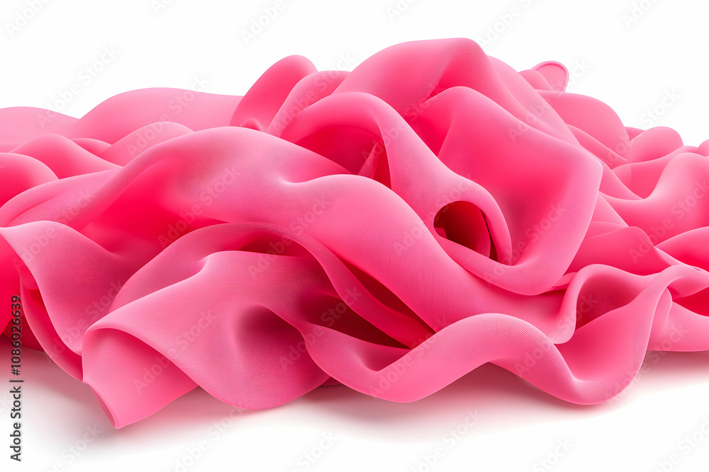 Poster soft pink fabric draped elegantly on a white background, capturing the textural detail and flow of t