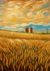 Illustration of a ripe cereal field with ears full of grain and silos in the background at sunset