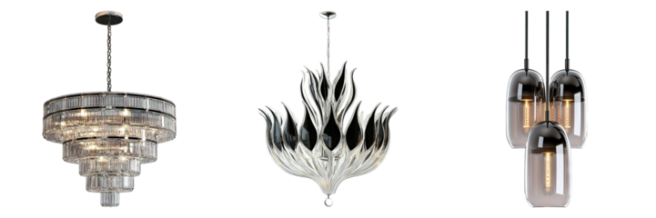Contemporary glass chandelier isolated on transparent background, Set of