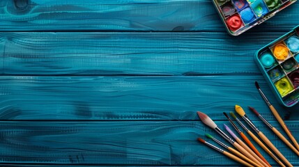 Obraz premium Artistic workspace creative desk arrangement with paints, brushes, and notepad on blue wood