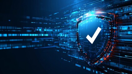 Shield with Checkmark Symbol Surrounded by Digital Code Lines