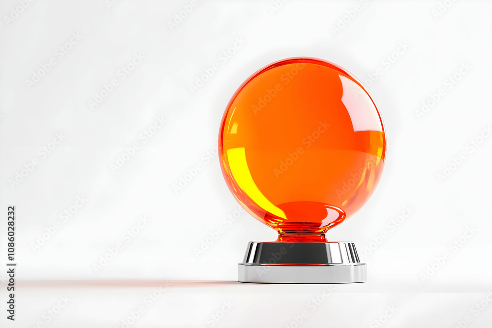 Poster shiny orange sphere on a simple white background with chrome base, ideal for creative and modern des