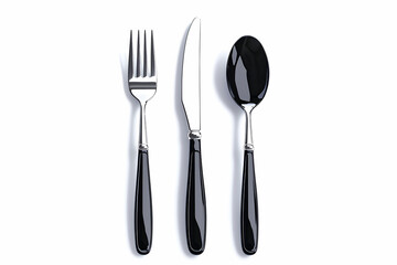 Elegant Black Cutlery Set Including Fork, Knife, and Spoon on a Clean White Background for Stylish Dining and Table Setting Purposes