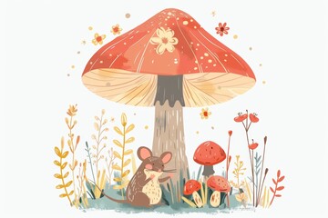 Whimsical autumn scene: mouse and red mushrooms illustration