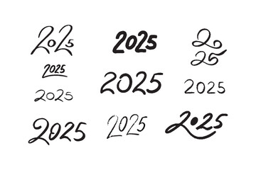 Hand drawn collection of handwritten 2025 number. Vector doodle set of 2025 Happy New Year symbols