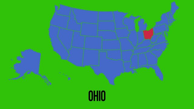 Ohio state blinking red on blue usa map on green background chroma key video