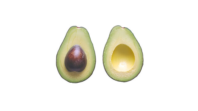 avocado, cut in half to show the seed, on a plain white background