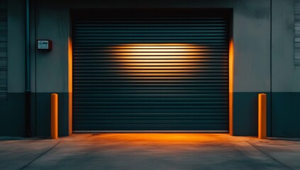 Dark Gray Warehouse with Open Roller Door and Light Reflections