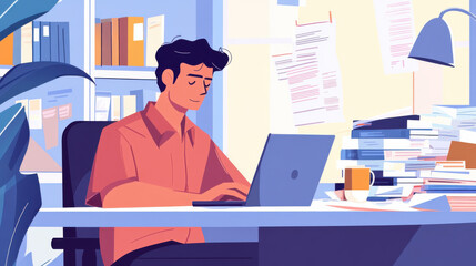 Focused Employee Working at Desk with Laptop Surrounded by Paperwork in Bright Modern Office Environment