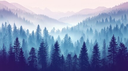 Obraz premium Misty landscape with fir forest in hipster vintage retro style