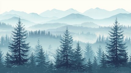 Fototapeta premium Misty landscape with fir forest in hipster vintage retro style
