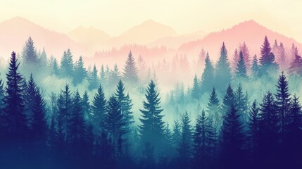 Obraz premium Misty landscape with fir forest in hipster vintage retro style