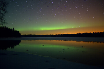Aurora Borealis Dancing green and purple lights in the night sky, reflecting on a frozen lake